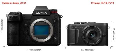Größenvergleich: Panasonic Lumix DC-S1 vs. OM System PEN E-PL10 Größenvergleich: Panasonic Lumix DC-S1 vs. OM System PEN E-PL10