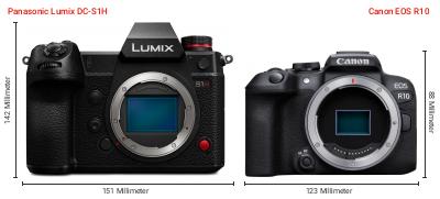 Größenvergleich: Panasonic Lumix DC-S1H vs. Canon EOS R10 Größenvergleich: Panasonic Lumix DC-S1H vs. Canon EOS R10