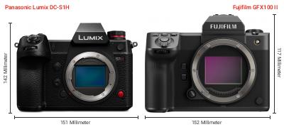 Größenvergleich: Panasonic Lumix DC-S1H vs. Fujifilm GFX100 II