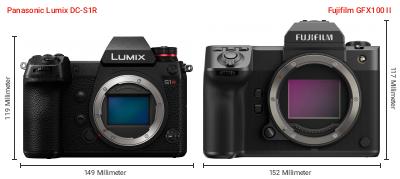 Größenvergleich: Panasonic Lumix DC-S1R vs. Fujifilm GFX100 II Größenvergleich: Panasonic Lumix DC-S1R vs. Fujifilm GFX100 II