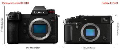 Größenvergleich: Panasonic Lumix DC-S1R vs. Fujifilm X-Pro3 Größenvergleich: Panasonic Lumix DC-S1R vs. Fujifilm X-Pro3