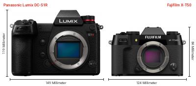 Größenvergleich: Panasonic Lumix DC-S1R vs. Fujifilm X-T50 Größenvergleich: Panasonic Lumix DC-S1R vs. Fujifilm X-T50