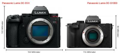 Größenvergleich: Panasonic Lumix DC-S5 II vs. Panasonic Lumix DC-G100D Größenvergleich: Panasonic Lumix DC-S5 II vs. Panasonic Lumix DC-G100D
