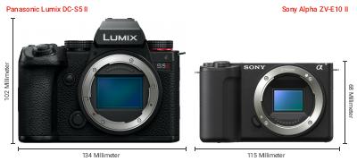 Größenvergleich: Panasonic Lumix DC-S5 II vs. Sony Alpha ZV-E10 II