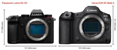 Größenvergleich: Panasonic Lumix DC-S5 vs. Canon EOS R5 Mark II Größenvergleich: Panasonic Lumix DC-S5 vs. Canon EOS R5 Mark II
