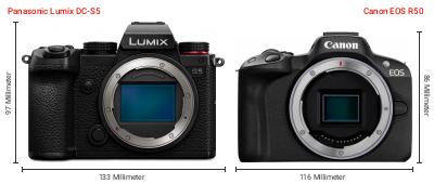 Größenvergleich: Panasonic Lumix DC-S5 vs. Canon EOS R50 Größenvergleich: Panasonic Lumix DC-S5 vs. Canon EOS R50