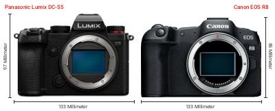 Größenvergleich: Panasonic Lumix DC-S5 vs. Canon EOS R8 Größenvergleich: Panasonic Lumix DC-S5 vs. Canon EOS R8