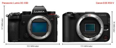 Größenvergleich: Panasonic Lumix DC-S5D vs. Canon EOS R50 V Größenvergleich: Panasonic Lumix DC-S5D vs. Canon EOS R50 V
