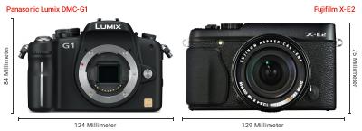 Größenvergleich: Panasonic Lumix DMC-G1 vs. Fujifilm X-E2 Größenvergleich: Panasonic Lumix DMC-G1 vs. Fujifilm X-E2