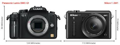 Größenvergleich: Panasonic Lumix DMC-G1 vs. Nikon 1 AW1 Größenvergleich: Panasonic Lumix DMC-G1 vs. Nikon 1 AW1