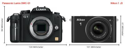 Größenvergleich: Panasonic Lumix DMC-G1 vs. Nikon 1 J3 Größenvergleich: Panasonic Lumix DMC-G1 vs. Nikon 1 J3