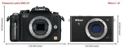 Größenvergleich: Panasonic Lumix DMC-G1 vs. Nikon 1 J4