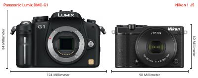 Größenvergleich: Panasonic Lumix DMC-G1 vs. Nikon 1 J5