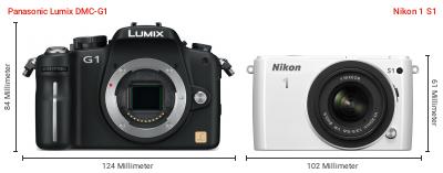 Größenvergleich: Panasonic Lumix DMC-G1 vs. Nikon 1 S1 Größenvergleich: Panasonic Lumix DMC-G1 vs. Nikon 1 S1