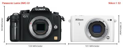 Größenvergleich: Panasonic Lumix DMC-G1 vs. Nikon 1 S2 Größenvergleich: Panasonic Lumix DMC-G1 vs. Nikon 1 S2