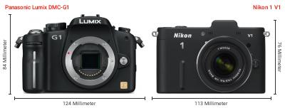 Größenvergleich: Panasonic Lumix DMC-G1 vs. Nikon 1 V1 Größenvergleich: Panasonic Lumix DMC-G1 vs. Nikon 1 V1