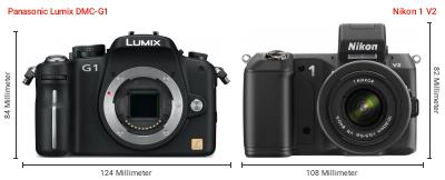 Größenvergleich: Panasonic Lumix DMC-G1 vs. Nikon 1 V2 Größenvergleich: Panasonic Lumix DMC-G1 vs. Nikon 1 V2
