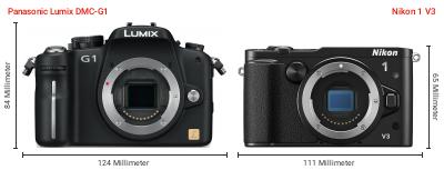 Größenvergleich: Panasonic Lumix DMC-G1 vs. Nikon 1 V3 Größenvergleich: Panasonic Lumix DMC-G1 vs. Nikon 1 V3