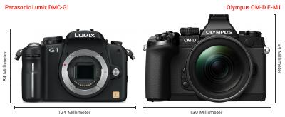 Größenvergleich: Panasonic Lumix DMC-G1 vs. OM System OM-D E-M1 Größenvergleich: Panasonic Lumix DMC-G1 vs. OM System OM-D E-M1