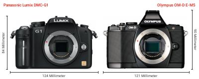 Größenvergleich: Panasonic Lumix DMC-G1 vs. OM System OM-D E-M5 Größenvergleich: Panasonic Lumix DMC-G1 vs. OM System OM-D E-M5