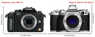 Größenvergleich: Panasonic Lumix DMC-G1 vs. OM System OM-D E-M5 Mark II