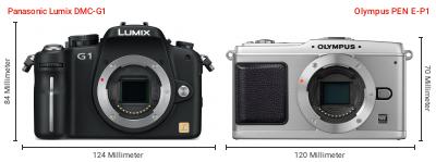 Größenvergleich: Panasonic Lumix DMC-G1 vs. OM System PEN E-P1 Größenvergleich: Panasonic Lumix DMC-G1 vs. OM System PEN E-P1