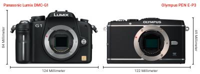 Größenvergleich: Panasonic Lumix DMC-G1 vs. OM System PEN E-P3 Größenvergleich: Panasonic Lumix DMC-G1 vs. OM System PEN E-P3