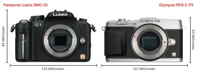 Größenvergleich: Panasonic Lumix DMC-G1 vs. OM System PEN E-P5 Größenvergleich: Panasonic Lumix DMC-G1 vs. OM System PEN E-P5