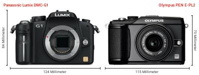 Größenvergleich: Panasonic Lumix DMC-G1 vs. OM System PEN E-PL2 Größenvergleich: Panasonic Lumix DMC-G1 vs. OM System PEN E-PL2