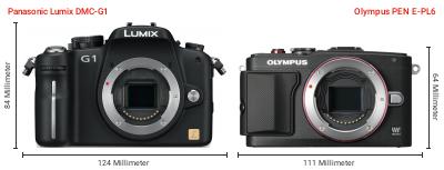 Größenvergleich: Panasonic Lumix DMC-G1 vs. OM System PEN E-PL6 Größenvergleich: Panasonic Lumix DMC-G1 vs. OM System PEN E-PL6