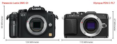 Größenvergleich: Panasonic Lumix DMC-G1 vs. OM System PEN E-PL7 Größenvergleich: Panasonic Lumix DMC-G1 vs. OM System PEN E-PL7