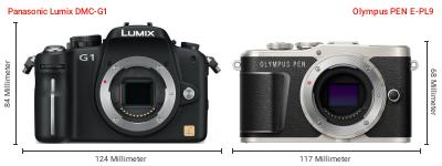 Größenvergleich: Panasonic Lumix DMC-G1 vs. OM System PEN E-PL9 Größenvergleich: Panasonic Lumix DMC-G1 vs. OM System PEN E-PL9