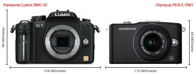 Größenvergleich: Panasonic Lumix DMC-G1 vs. OM System PEN E-PM1 Größenvergleich: Panasonic Lumix DMC-G1 vs. OM System PEN E-PM1