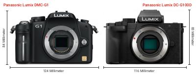 Größenvergleich: Panasonic Lumix DMC-G1 vs. Panasonic Lumix DC-G100D Größenvergleich: Panasonic Lumix DMC-G1 vs. Panasonic Lumix DC-G100D