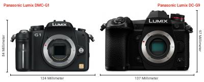 Größenvergleich: Panasonic Lumix DMC-G1 vs. Panasonic Lumix DC-G9 Größenvergleich: Panasonic Lumix DMC-G1 vs. Panasonic Lumix DC-G9