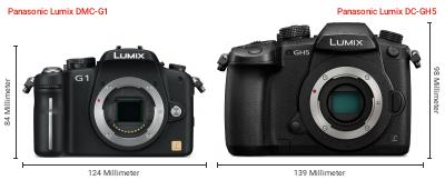 Größenvergleich: Panasonic Lumix DMC-G1 vs. Panasonic Lumix DC-GH5 Größenvergleich: Panasonic Lumix DMC-G1 vs. Panasonic Lumix DC-GH5