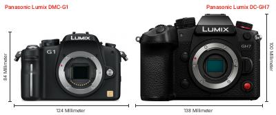 Größenvergleich: Panasonic Lumix DMC-G1 vs. Panasonic Lumix DC-GH7 Größenvergleich: Panasonic Lumix DMC-G1 vs. Panasonic Lumix DC-GH7
