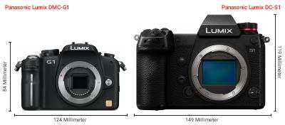 Größenvergleich: Panasonic Lumix DMC-G1 vs. Panasonic Lumix DC-S1 Größenvergleich: Panasonic Lumix DMC-G1 vs. Panasonic Lumix DC-S1