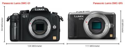 Größenvergleich: Panasonic Lumix DMC-G1 vs. Panasonic Lumix DMC-GF6 Größenvergleich: Panasonic Lumix DMC-G1 vs. Panasonic Lumix DMC-GF6