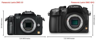 Größenvergleich: Panasonic Lumix DMC-G1 vs. Panasonic Lumix DMC-GH3 Größenvergleich: Panasonic Lumix DMC-G1 vs. Panasonic Lumix DMC-GH3