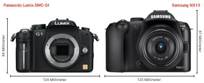 Größenvergleich: Panasonic Lumix DMC-G1 vs. Samsung NX10 Größenvergleich: Panasonic Lumix DMC-G1 vs. Samsung NX10