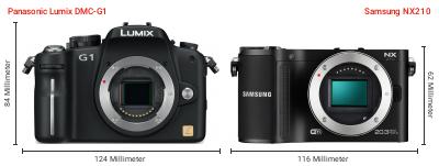 Größenvergleich: Panasonic Lumix DMC-G1 vs. Samsung NX210 Größenvergleich: Panasonic Lumix DMC-G1 vs. Samsung NX210