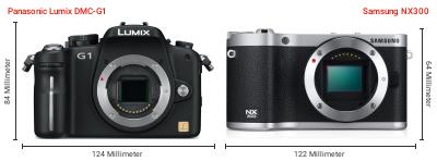 Größenvergleich: Panasonic Lumix DMC-G1 vs. Samsung NX300 Größenvergleich: Panasonic Lumix DMC-G1 vs. Samsung NX300