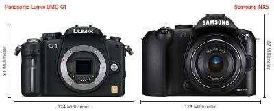 Größenvergleich: Panasonic Lumix DMC-G1 vs. Samsung NX5 Größenvergleich: Panasonic Lumix DMC-G1 vs. Samsung NX5