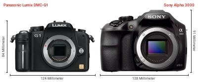 Größenvergleich: Panasonic Lumix DMC-G1 vs. Sony Alpha 3000 Größenvergleich: Panasonic Lumix DMC-G1 vs. Sony Alpha 3000