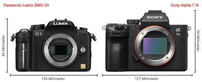 Größenvergleich: Panasonic Lumix DMC-G1 vs. Sony Alpha 7 III Größenvergleich: Panasonic Lumix DMC-G1 vs. Sony Alpha 7 III