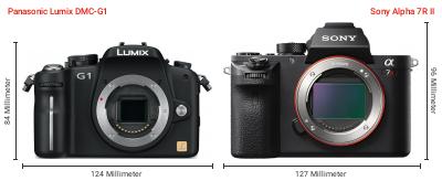 Größenvergleich: Panasonic Lumix DMC-G1 vs. Sony Alpha 7R II Größenvergleich: Panasonic Lumix DMC-G1 vs. Sony Alpha 7R II