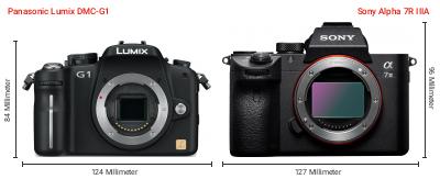 Größenvergleich: Panasonic Lumix DMC-G1 vs. Sony Alpha 7R IIIA Größenvergleich: Panasonic Lumix DMC-G1 vs. Sony Alpha 7R IIIA