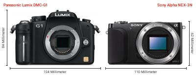 Größenvergleich: Panasonic Lumix DMC-G1 vs. Sony Alpha NEX-3N Größenvergleich: Panasonic Lumix DMC-G1 vs. Sony Alpha NEX-3N