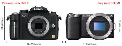 Größenvergleich: Panasonic Lumix DMC-G1 vs. Sony Alpha NEX-5N Größenvergleich: Panasonic Lumix DMC-G1 vs. Sony Alpha NEX-5N